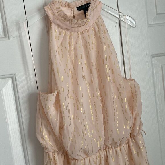Aqua Halter Belted Mini Dress Ruffle Neck Sleeveless Lined Peach-Pink‎ Gold XL - Picture 3 of 9
